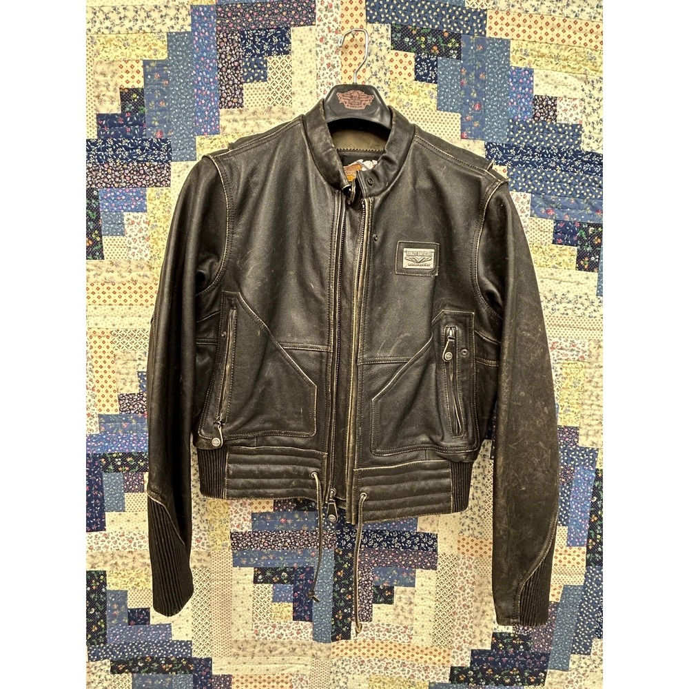 Harley Davidson Leather Motorcycle Jacket Distressed Large Women‎